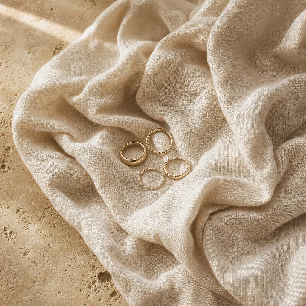 Delicate rings of varying widths resting on soft cream linen fabric