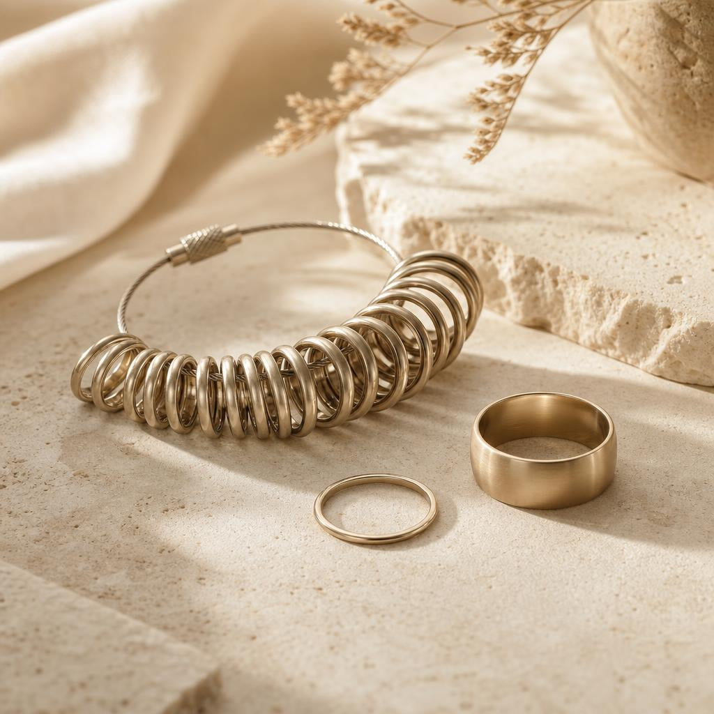 Ring sizer gauge with slim and wide rings on cream surface