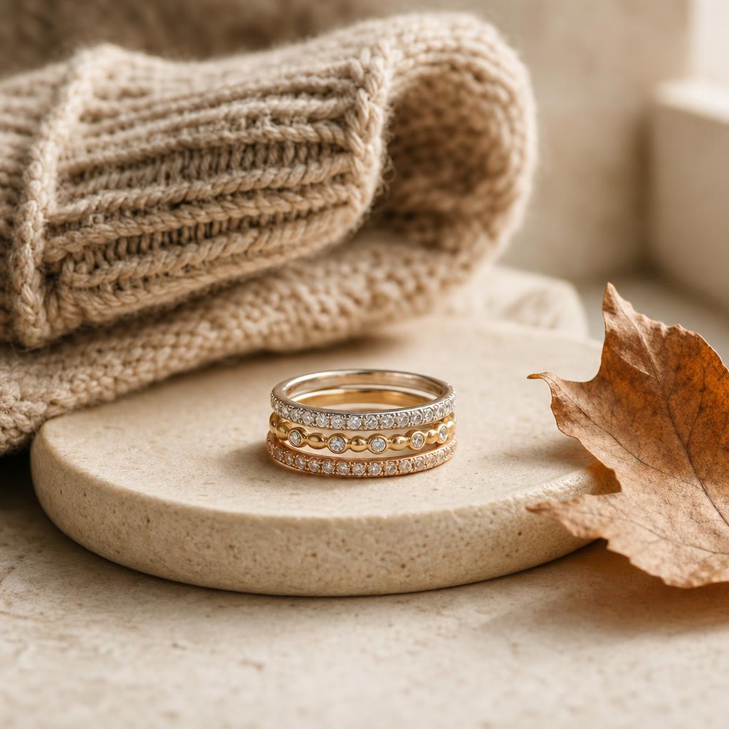 Stack of slim sparkling rings on a cream stone dish beside a knit sleeve