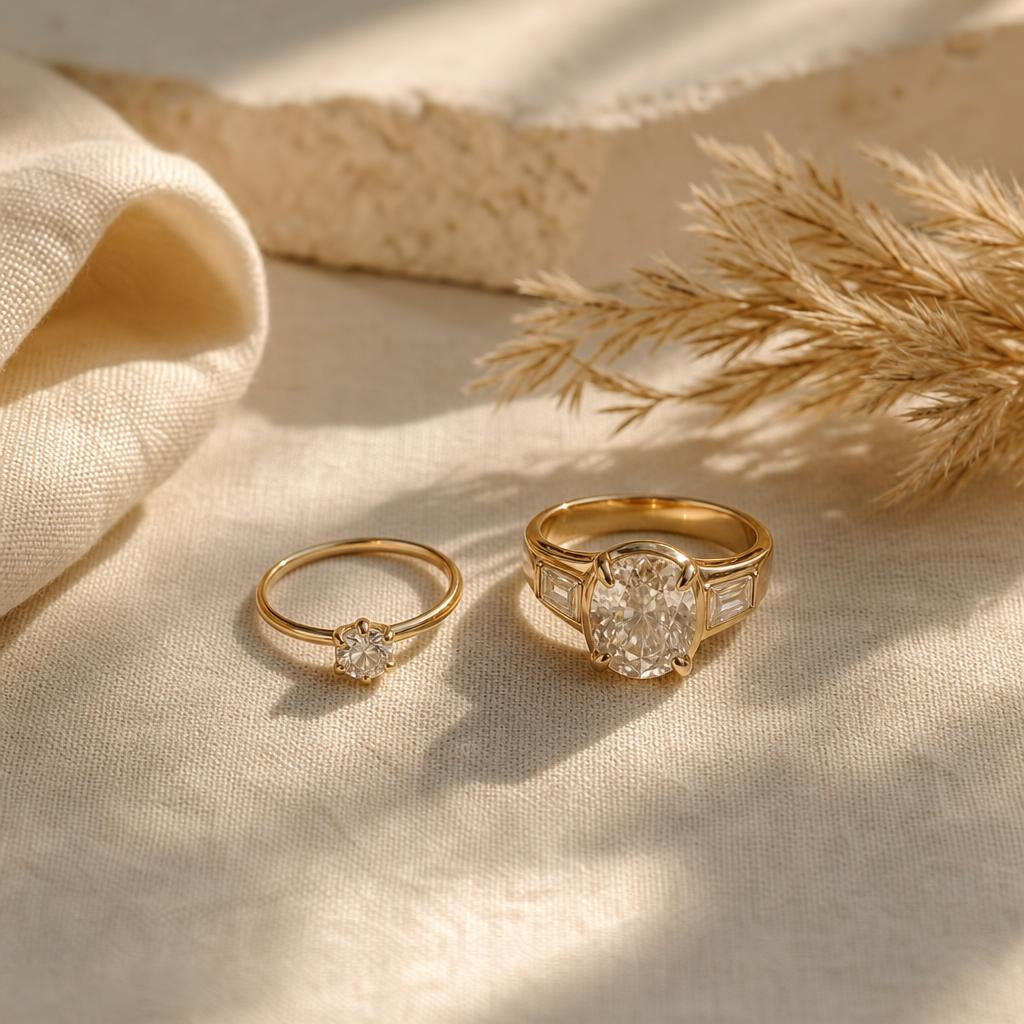 Two contrasting rings, delicate and bold, on warm cream linen