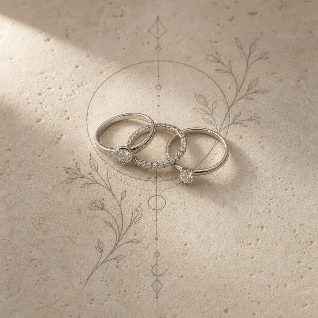 Delicate silver rings on cream stone with fine-line etched motif