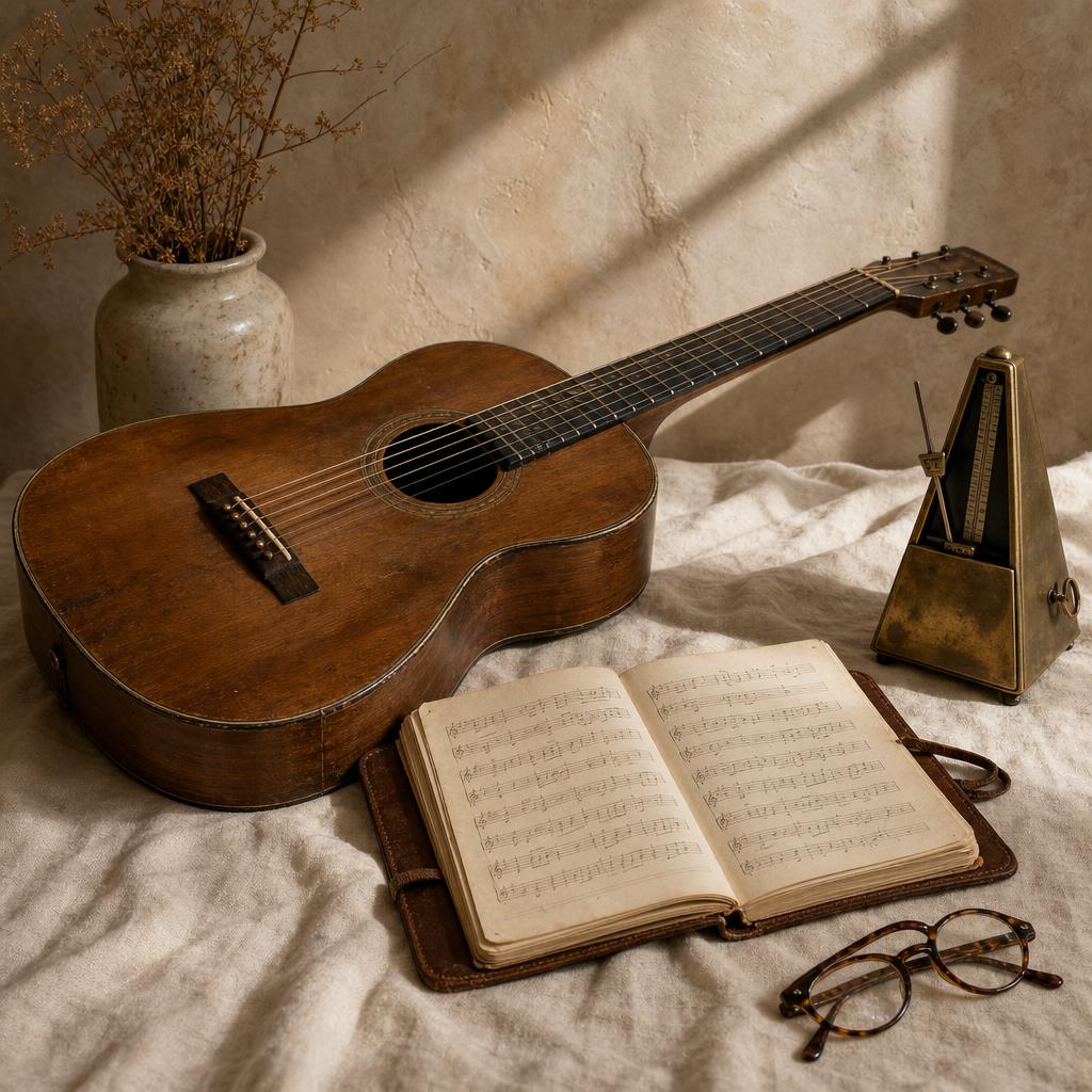 Warm still life of guitar, sheet music, and brass metronome on linen