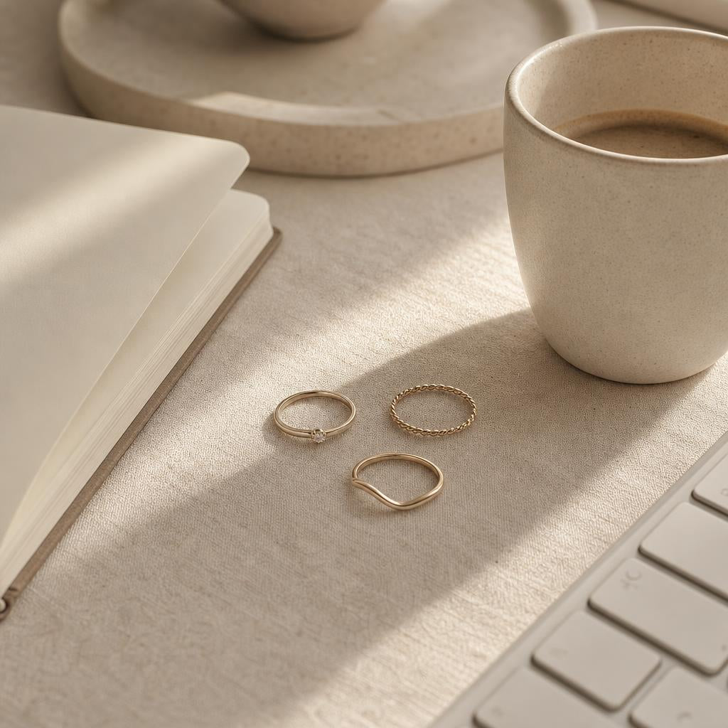 Delicate low-profile rings arranged on a warm cream desk with notebook and coffee cup