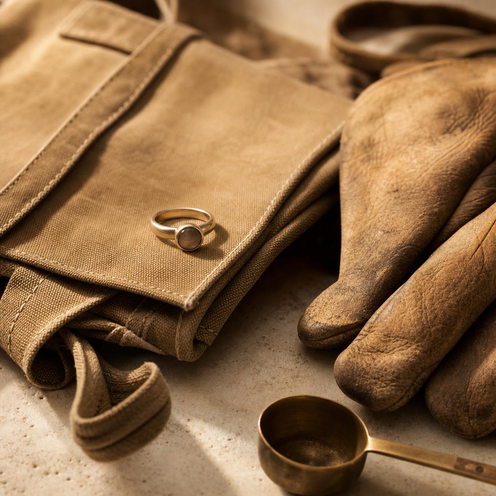 Bezel-set ring resting on a folded work apron beside leather gloves