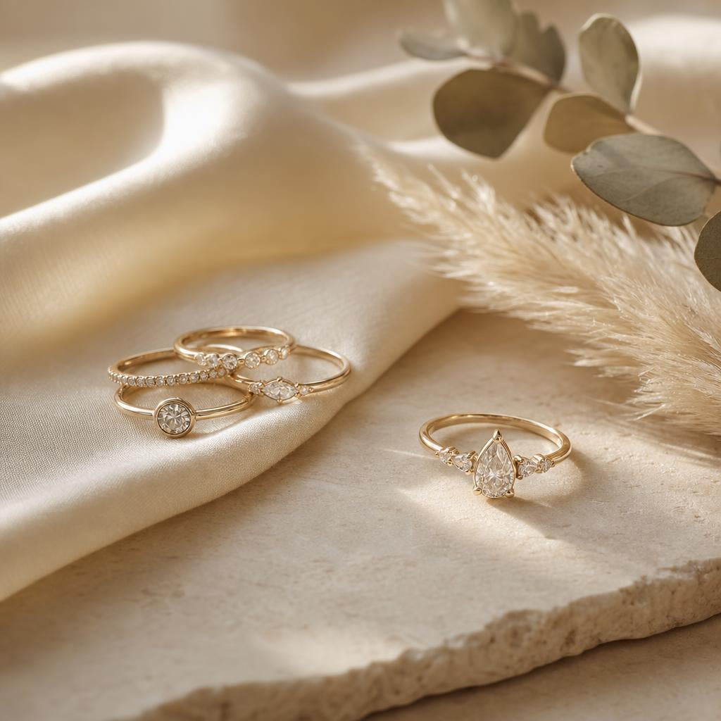 Delicate low-profile rings arranged on warm cream stone with soft natural light