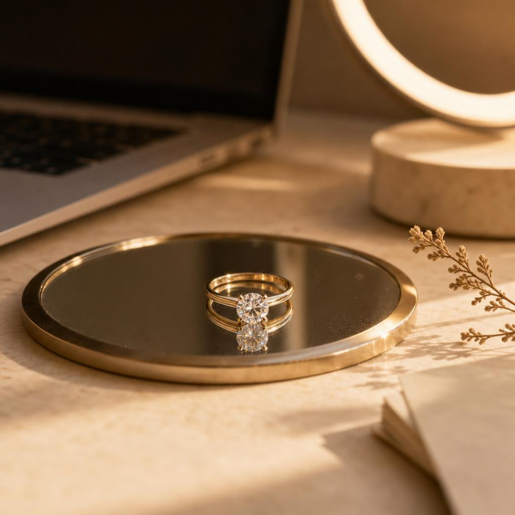 Sparkling solitaire ring on a desk near a soft-lit laptop and ring light