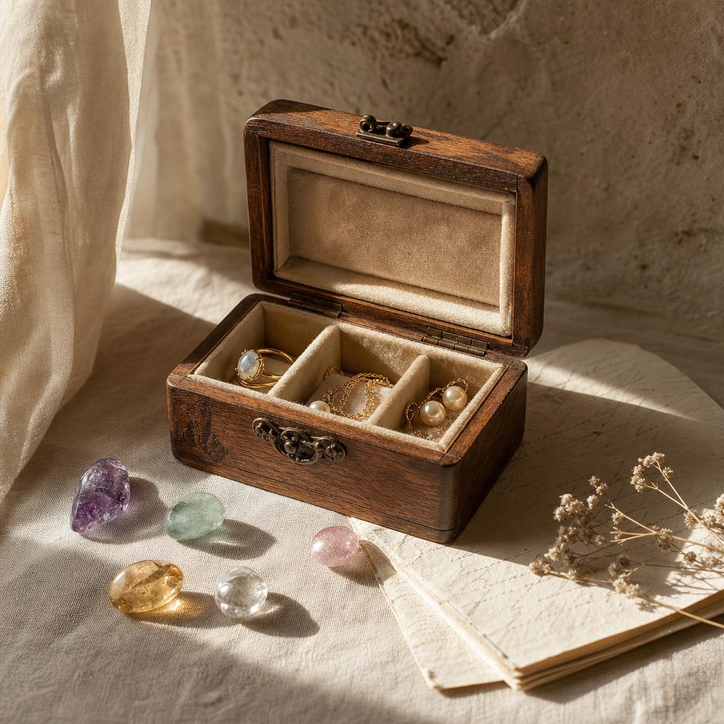 Antique jewelry box with scattered gemstones and a handwritten note