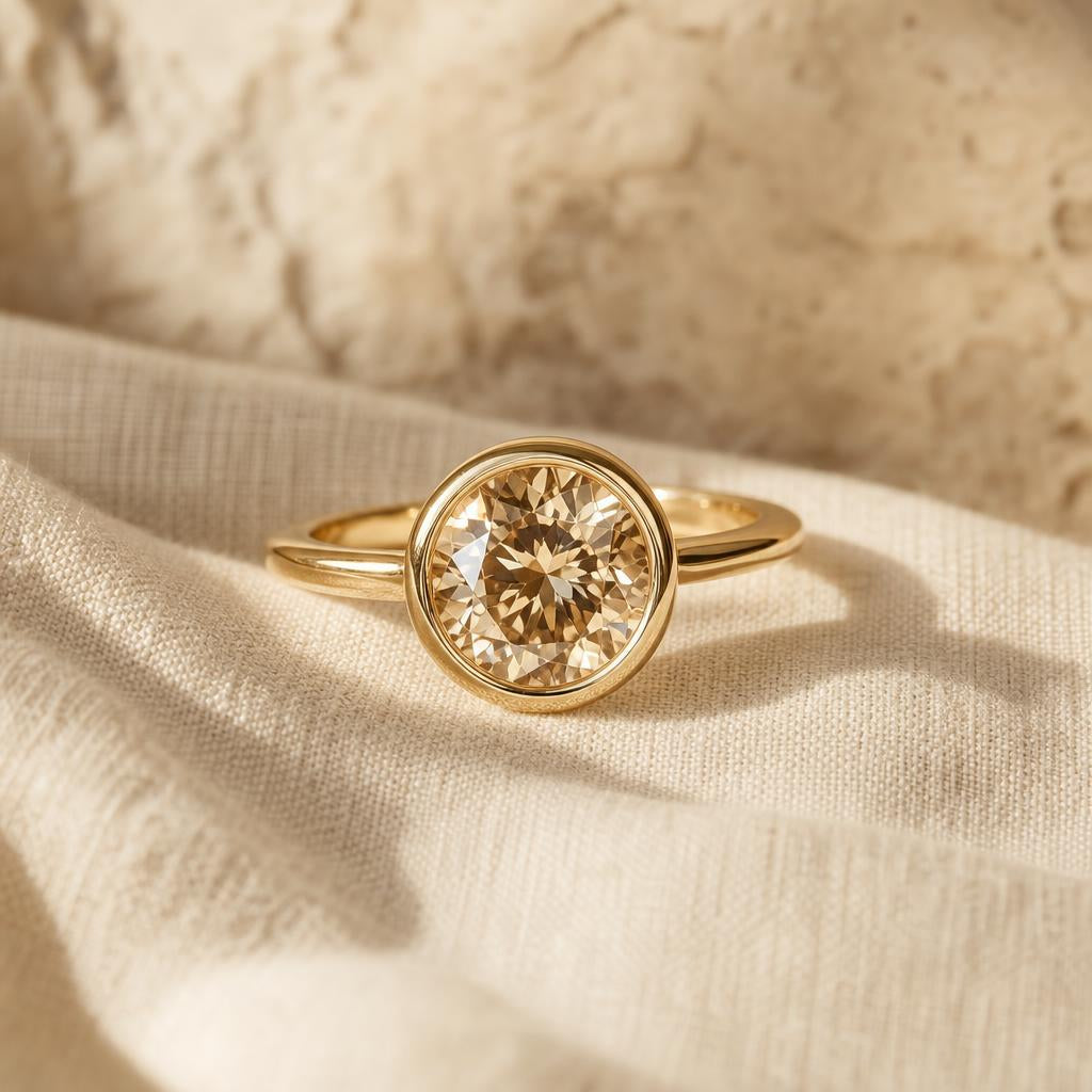 Faceted gemstone ring catching warm natural light on cream fabric