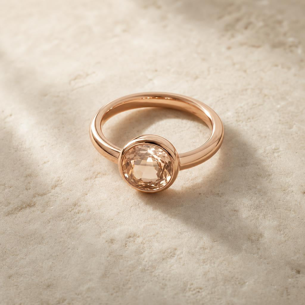 A single rose gold ring on a pale stone surface in warm natural light