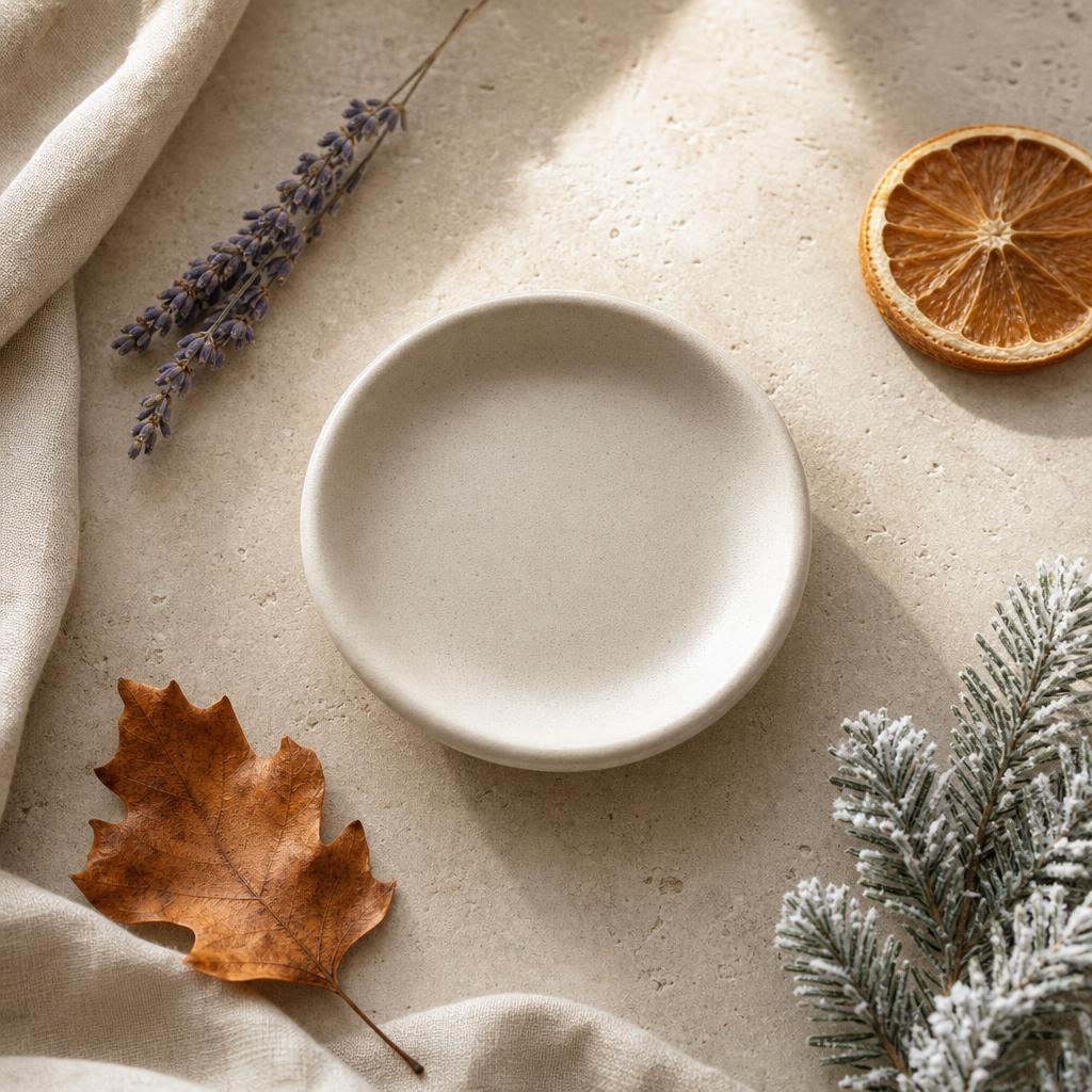 Seasonal jewelry dish with lavender, citrus, leaf and pine sprigs