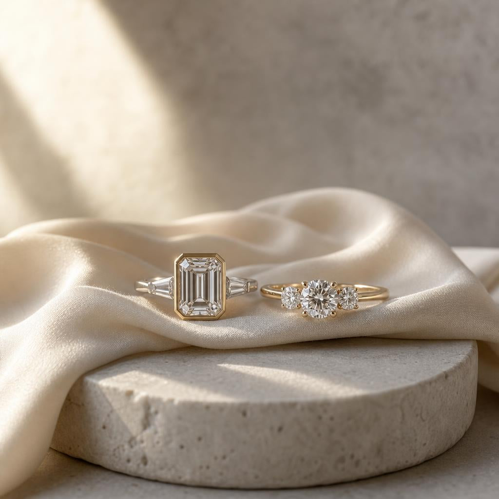 Two elegant rings with different cuts resting together on warm cream silk