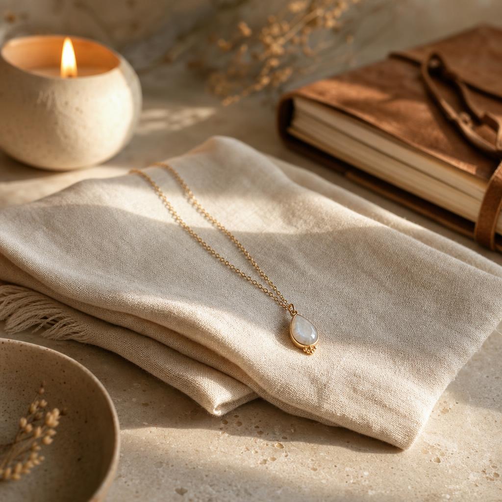 Delicate pendant necklace resting on cream linen beside a candle