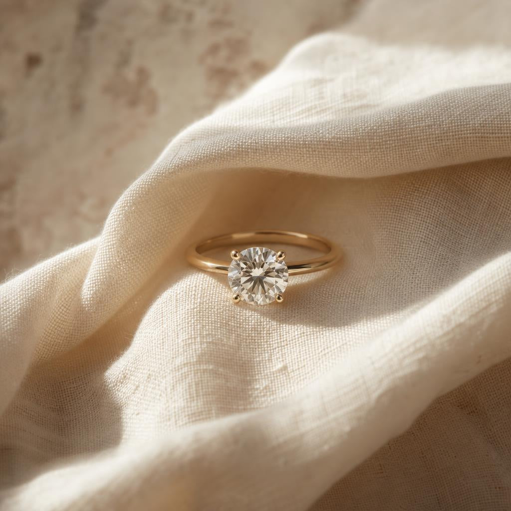 A diamond engagement ring resting on cream linen fabric in warm natural light