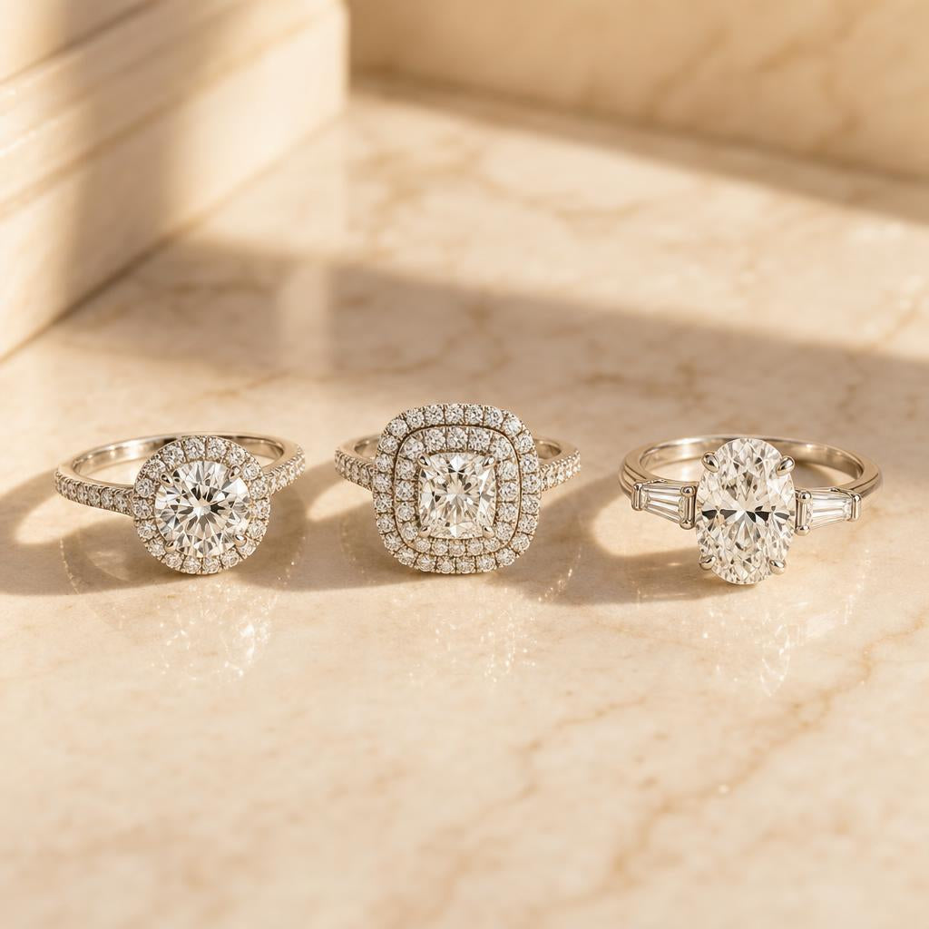 Three simulated diamond rings arranged on a warm cream marble surface