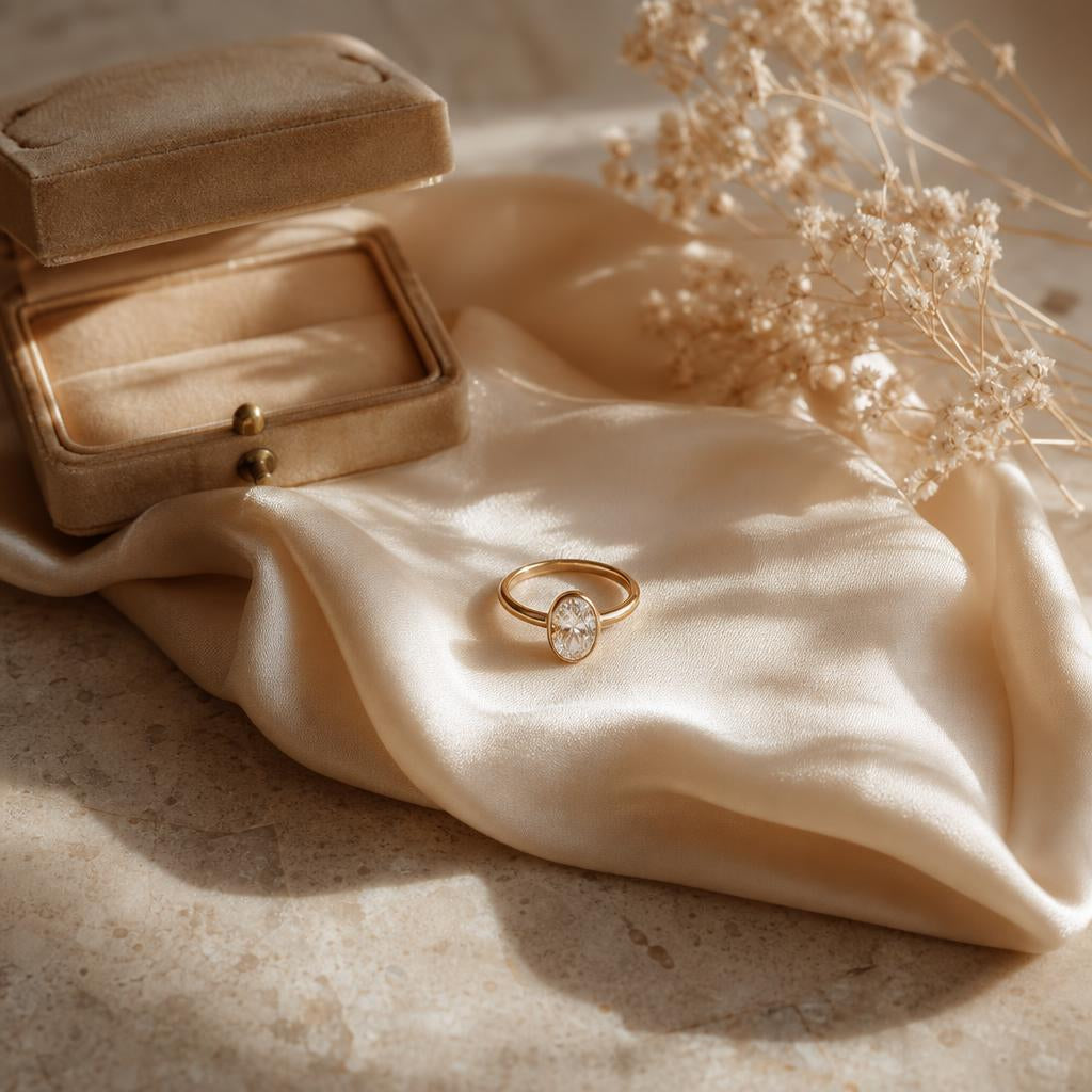 Single ring resting on folded ivory silk beside a vintage jewelry box