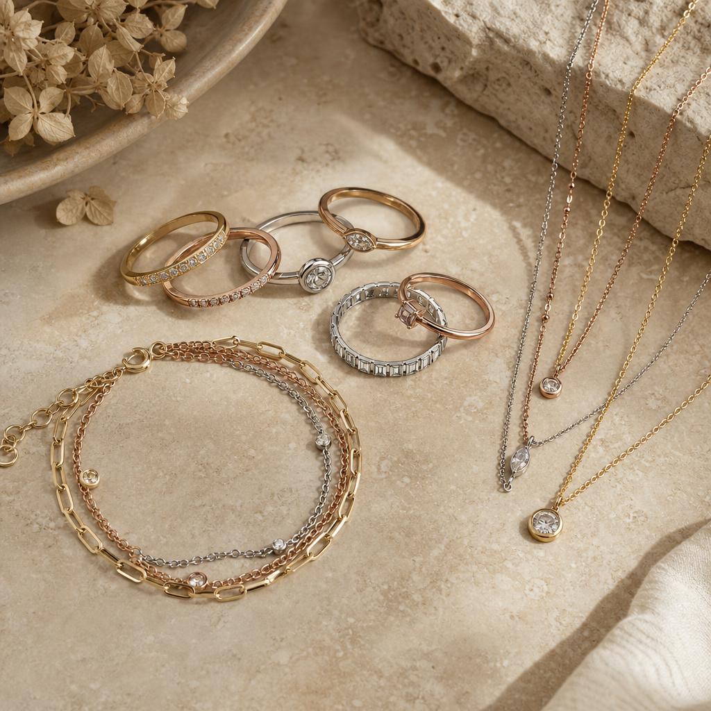 Rings, bracelet, and necklace in mixed gold and silver tones