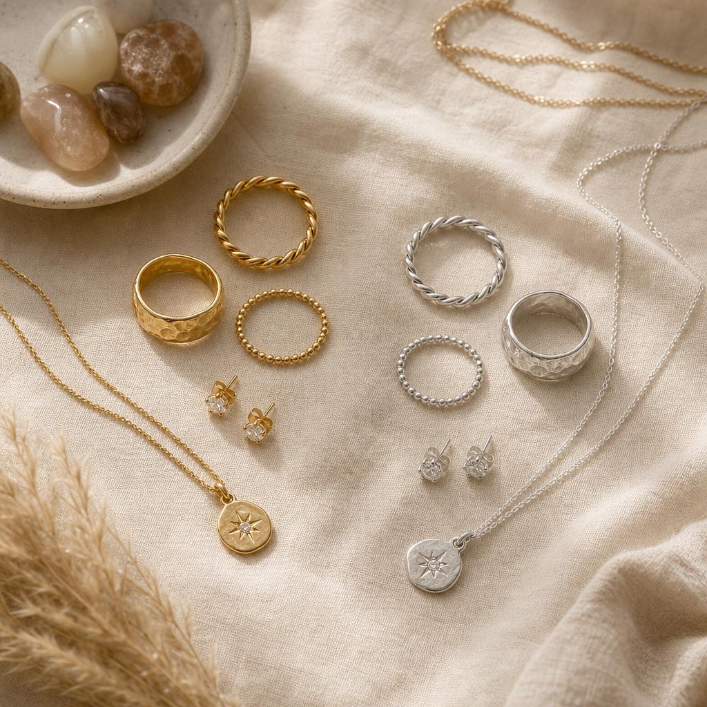 Gold and silver jewelry clusters arranged side by side on linen
