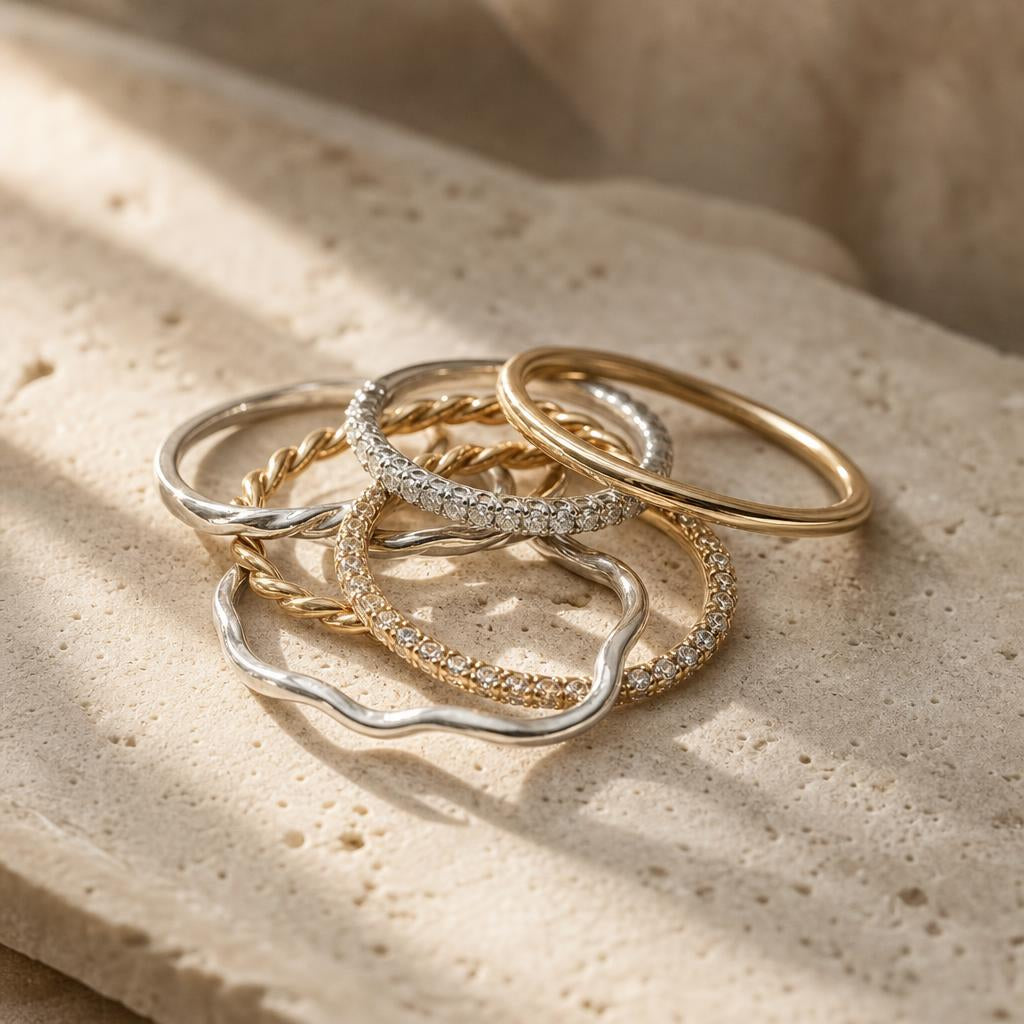 A small cluster of thin silver and gold stacking rings arranged on a stone surface