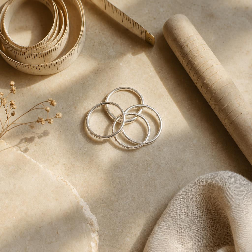 Layered silver stacking rings with measuring tape on warm stone surface