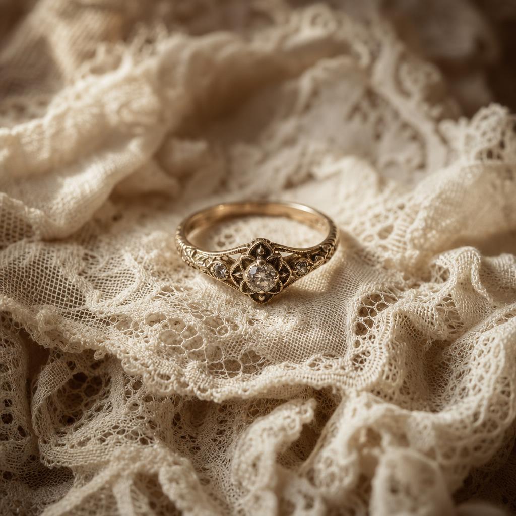Vintage-style ring resting on folded ivory lace fabric