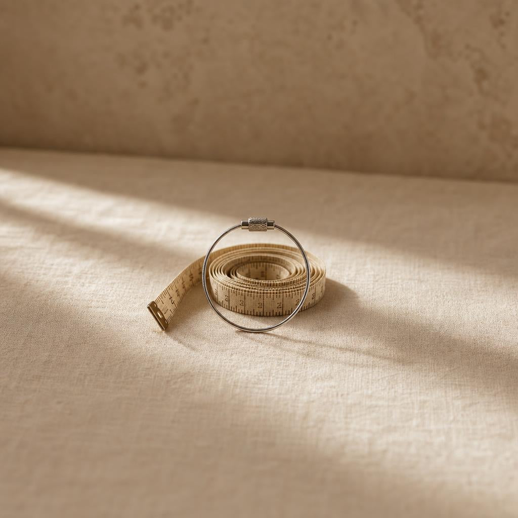 Ring sizer and measuring tape on warm cream linen surface