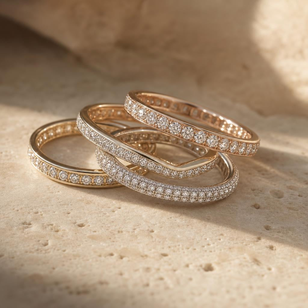 Delicate sparkling stacked eternity rings nested together on warm stone