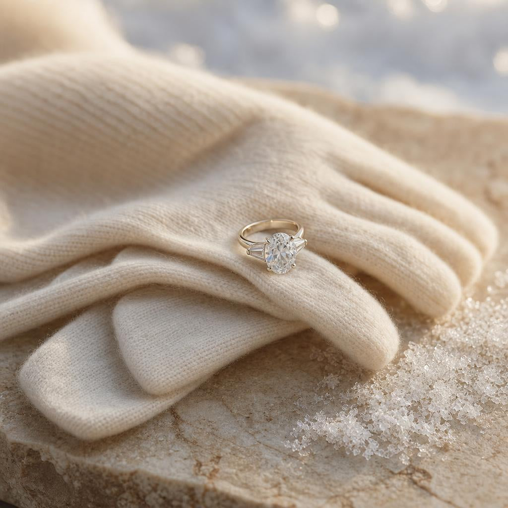 Diamond ring resting on a folded cream glove with snow crystals nearby