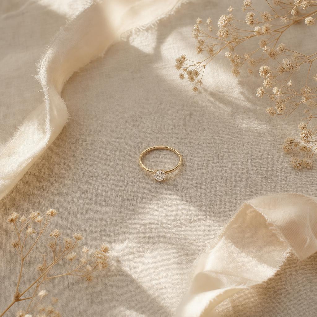Delicate solitaire ring on warm cream linen with dried baby's breath