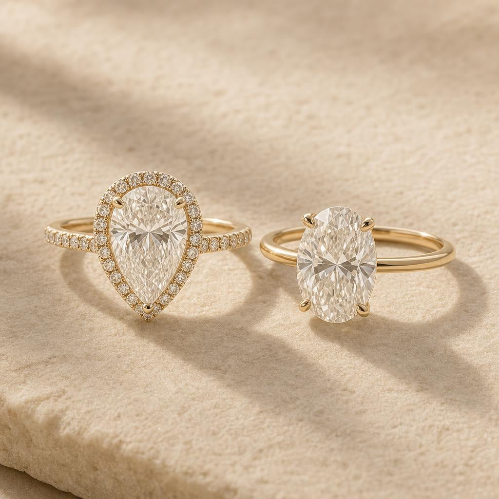 Two diamond rings side by side showing romantic halo and modern solitaire styles