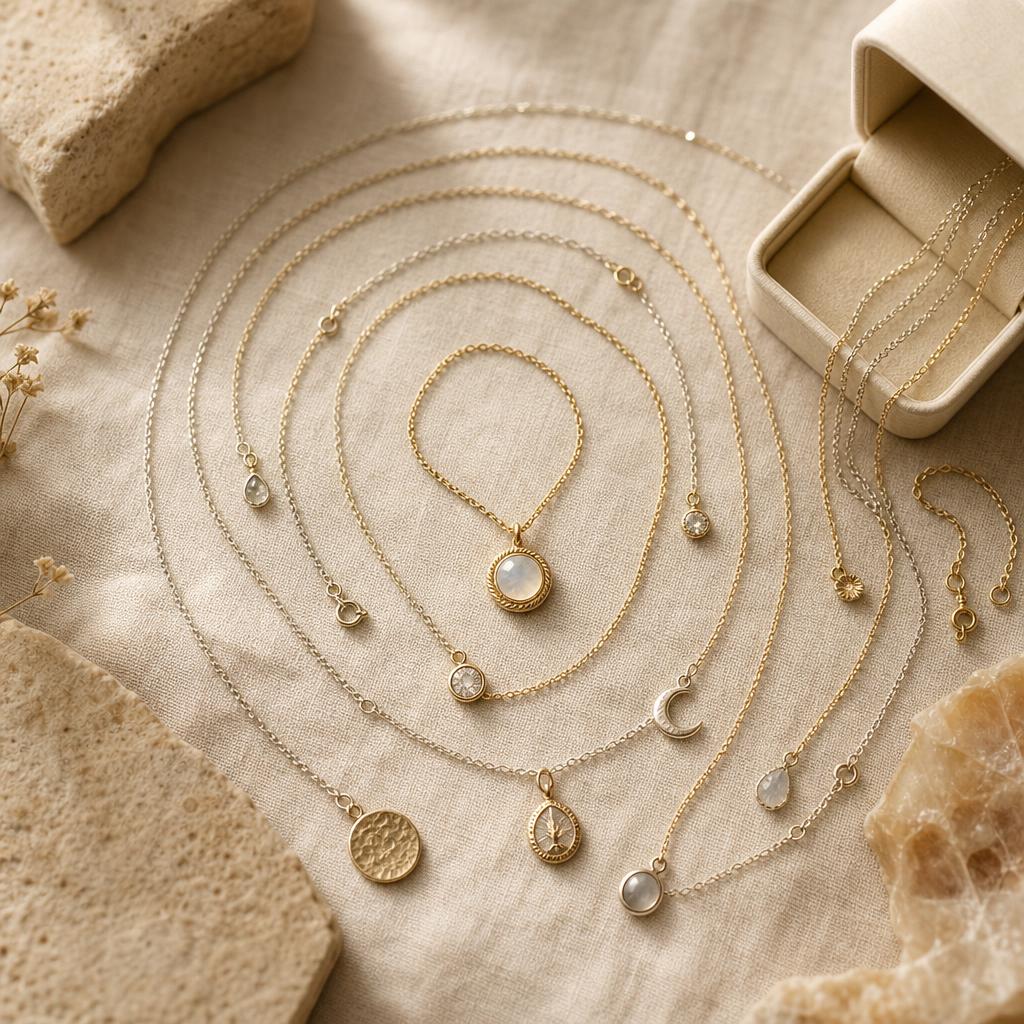 Gold and silver necklace chains arranged in an editorial flat lay