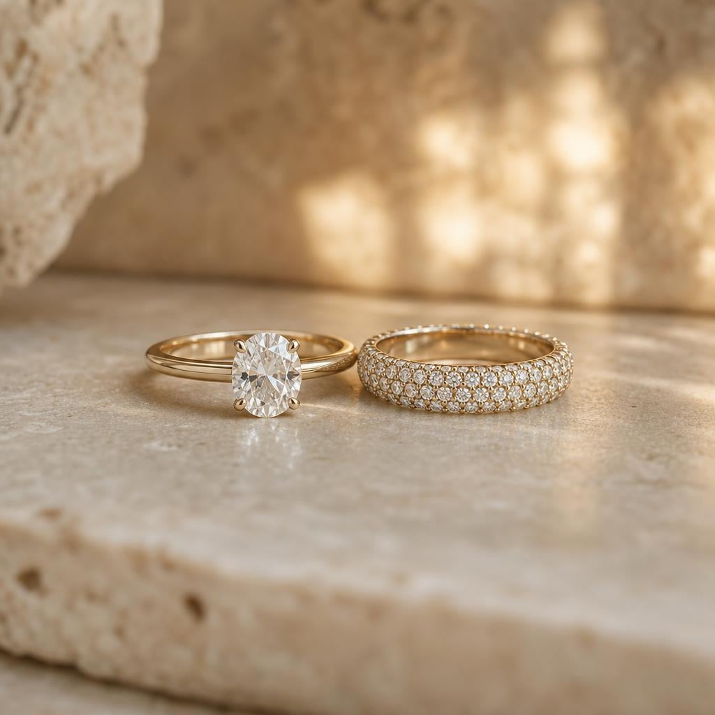 Two rings side by side, one solitaire and one covered in tiny pavé stones