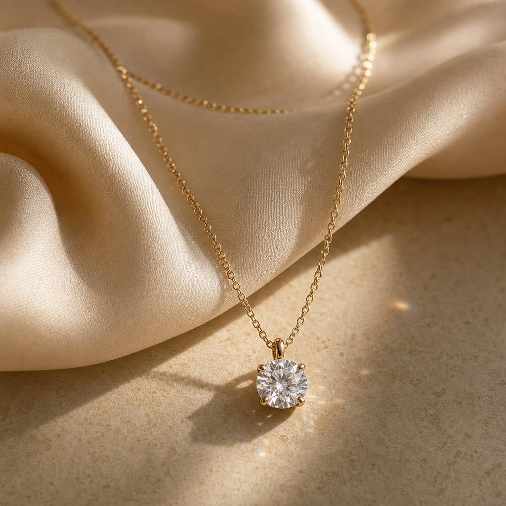 Single solitaire gemstone pendant necklace draped on warm cream silk