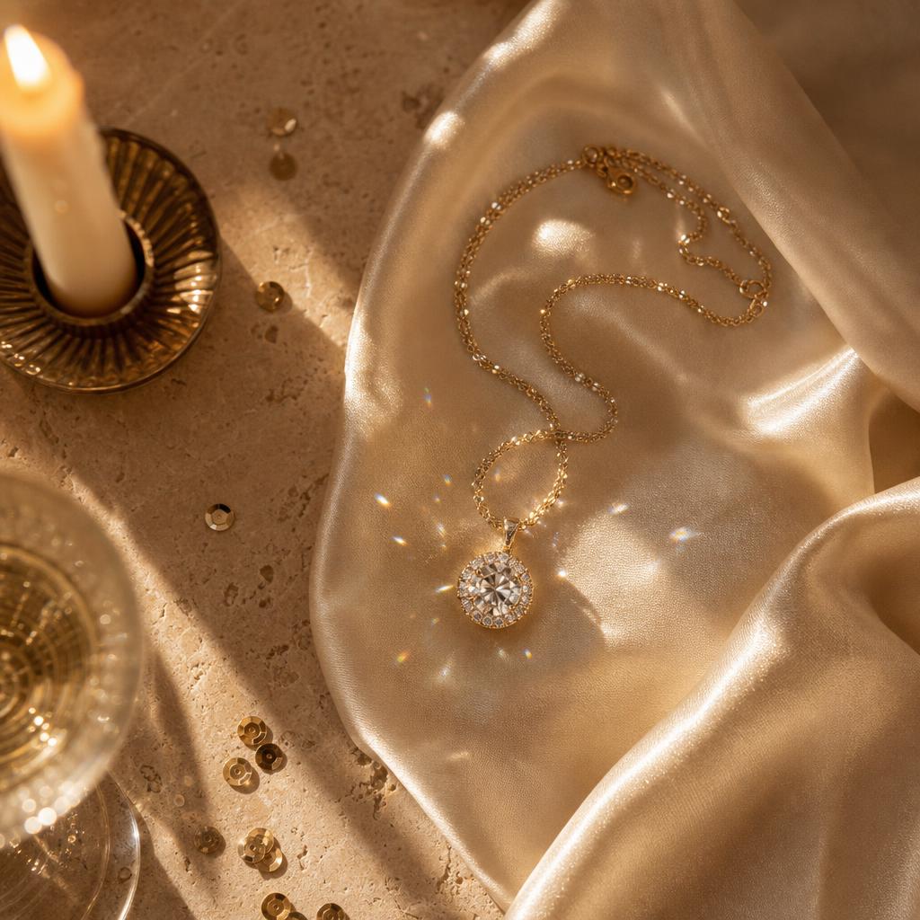 Sparkling pendant necklace coiled on cream silk with candlelight