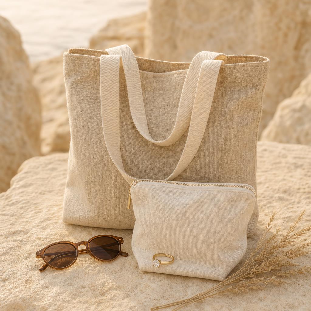 Solitaire ring on a cream pouch beside a linen beach tote and sunglasses