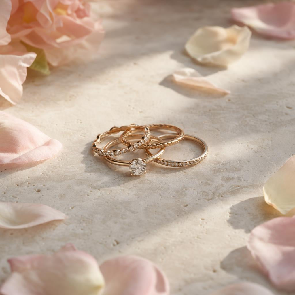 Delicate stacking rings and a solitaire arranged on cream stone with spring petals