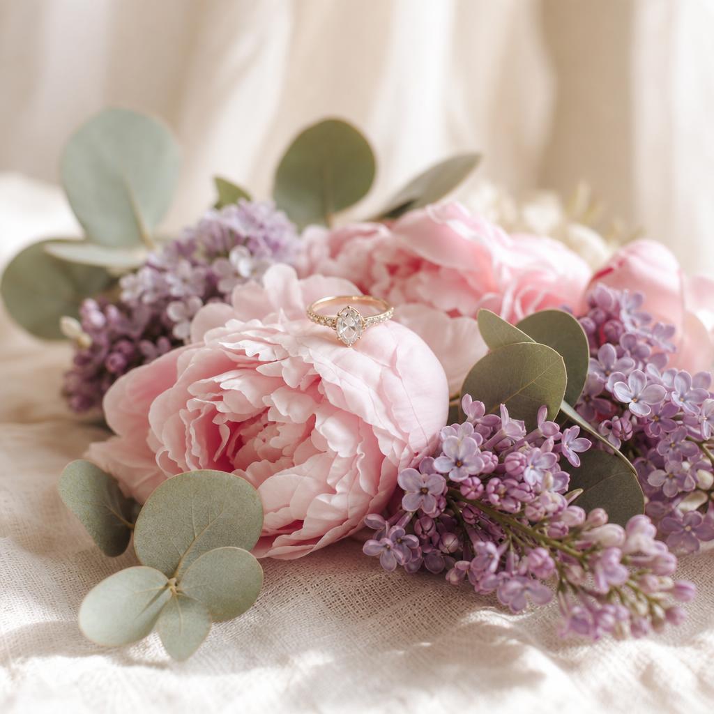 Delicate ring resting among pastel spring flowers on cream linen