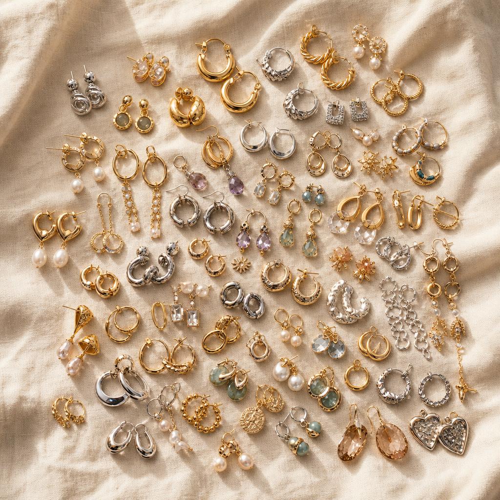 Layered scatter of gold and silver hoop and stud earrings on cream linen