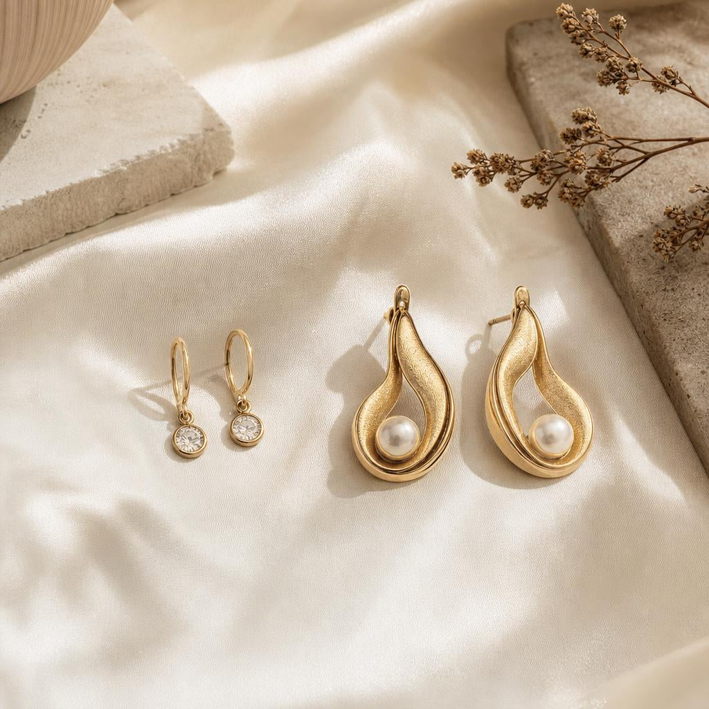 Two contrasting pairs of earrings, one bold and structured, one small and minimal