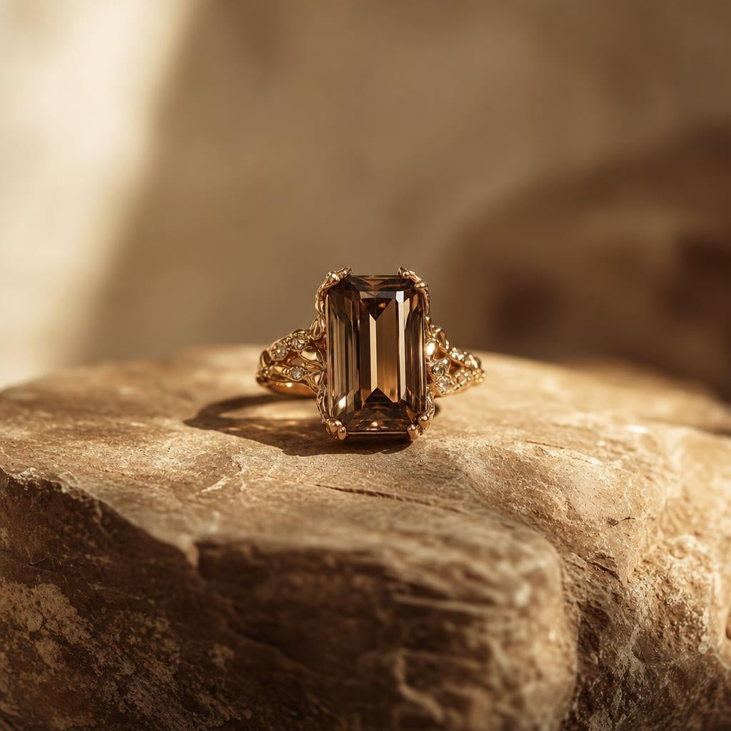 Single bold statement ring resting on warm textured stone with soft editorial lighting