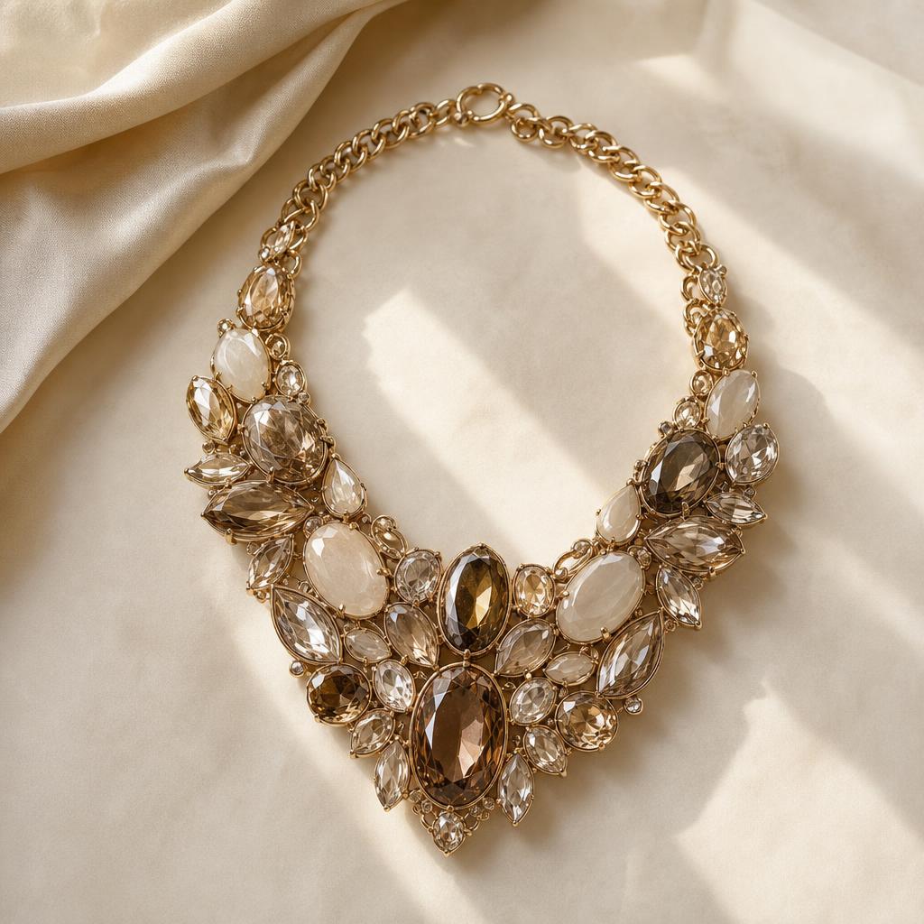 A bold statement necklace centered on soft warm cream silk