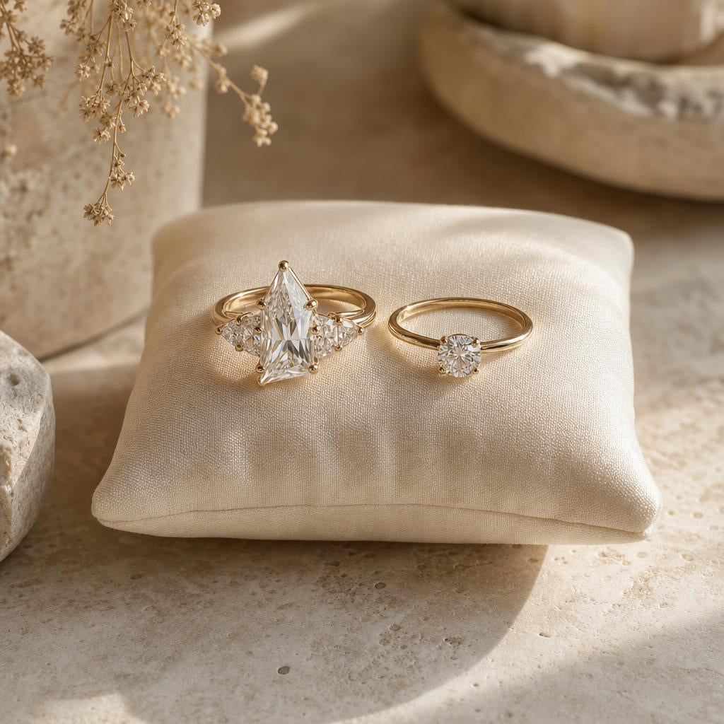 Two rings side by side, one bold multi-stone design, one single-stone solitaire