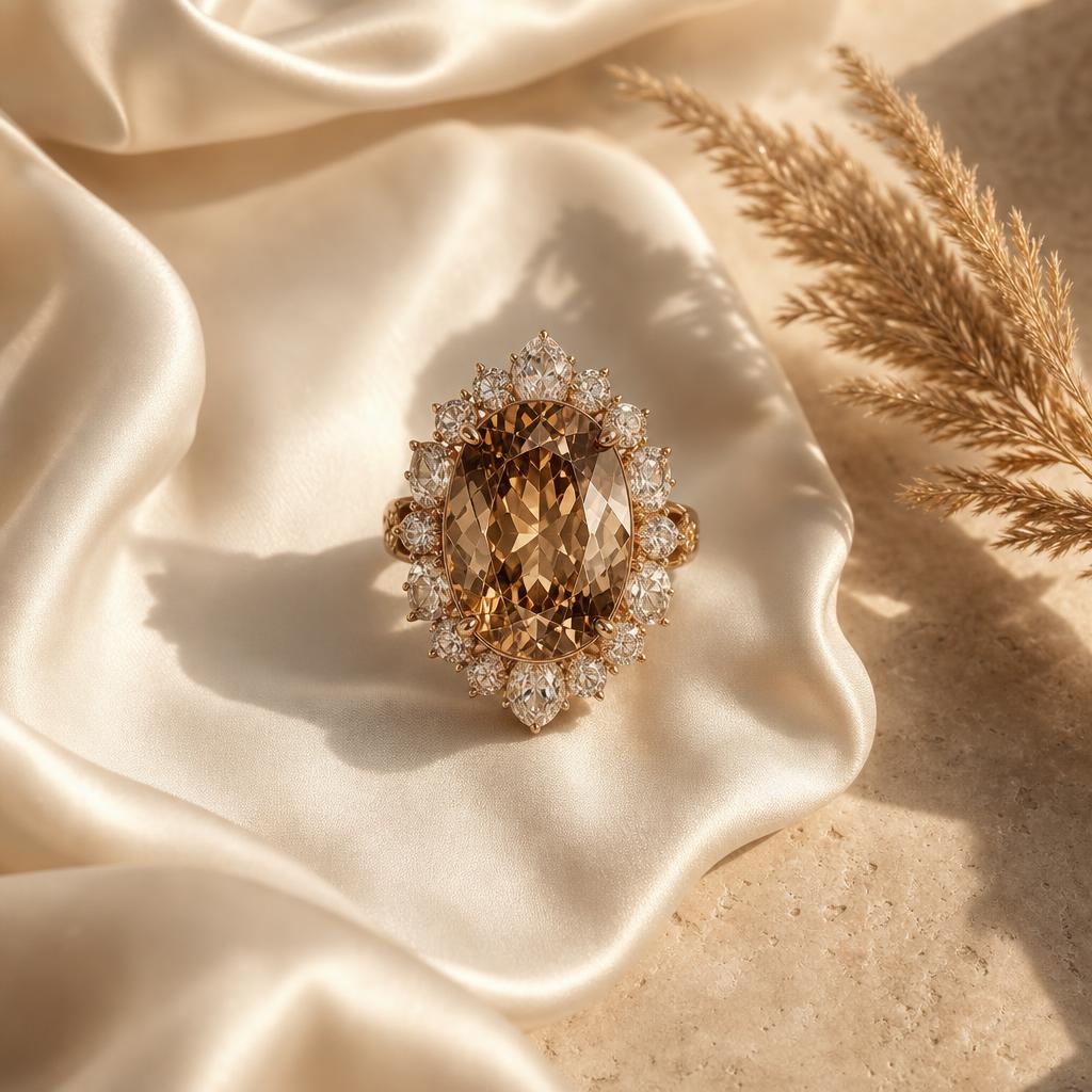 Oversized dramatic gemstone ring on ivory silk with warm natural light