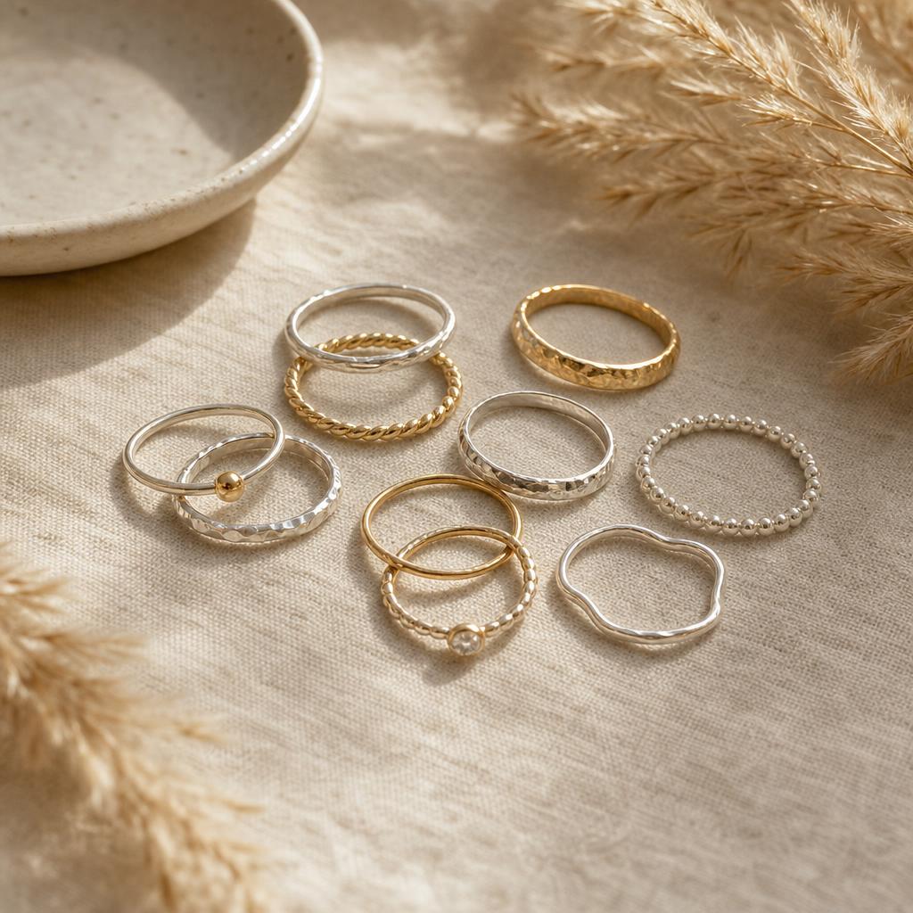 Delicate mixed-texture silver and gold stacking rings arranged on linen fabric
