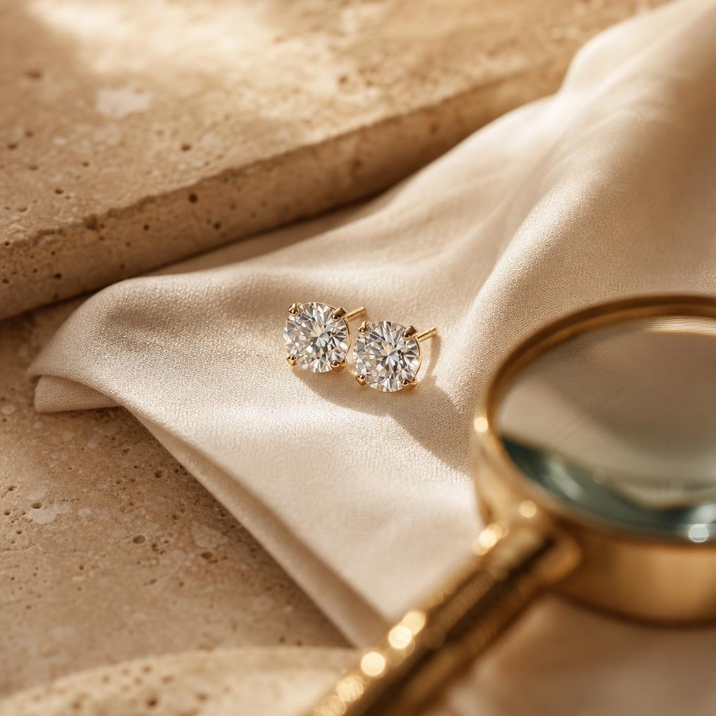 Sparkling stud earrings beside a small magnifying glass on cream fabric