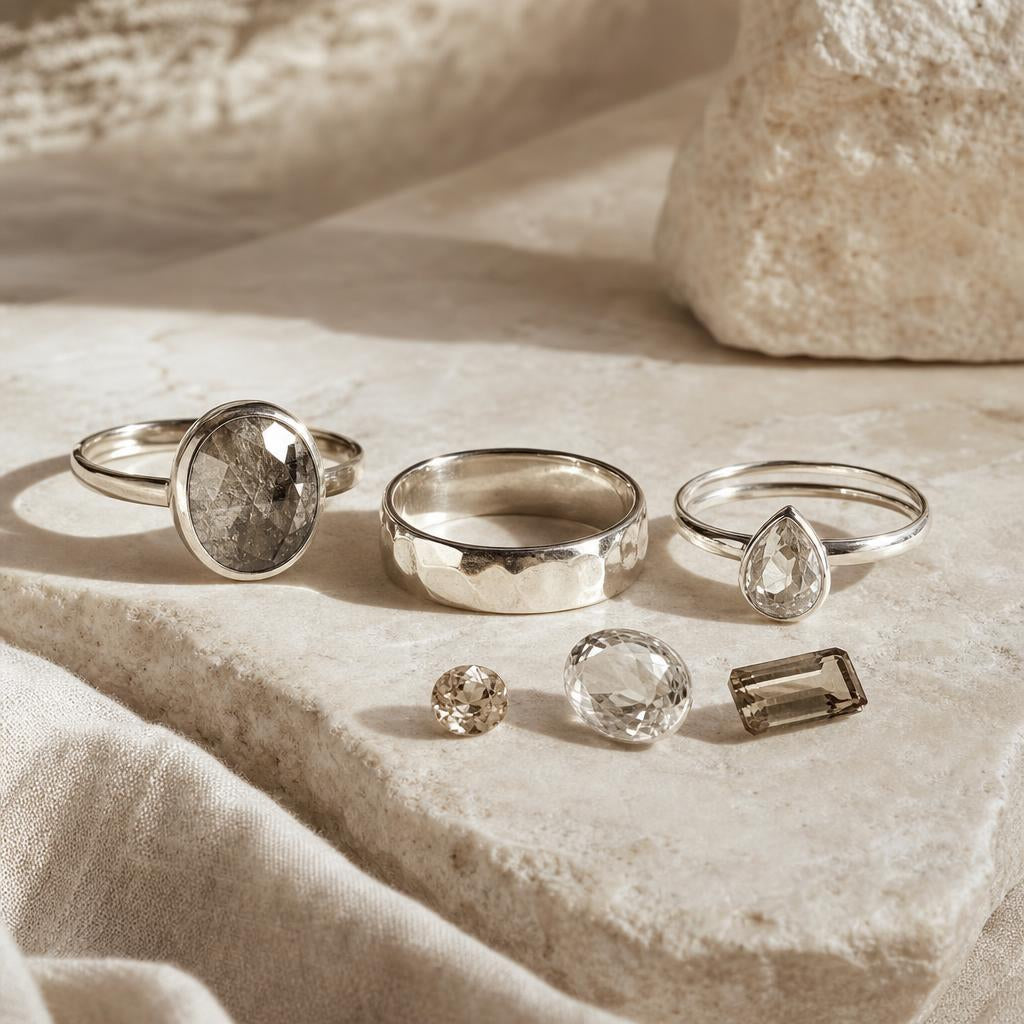 Polished silver rings and loose gemstones on a warm stone surface