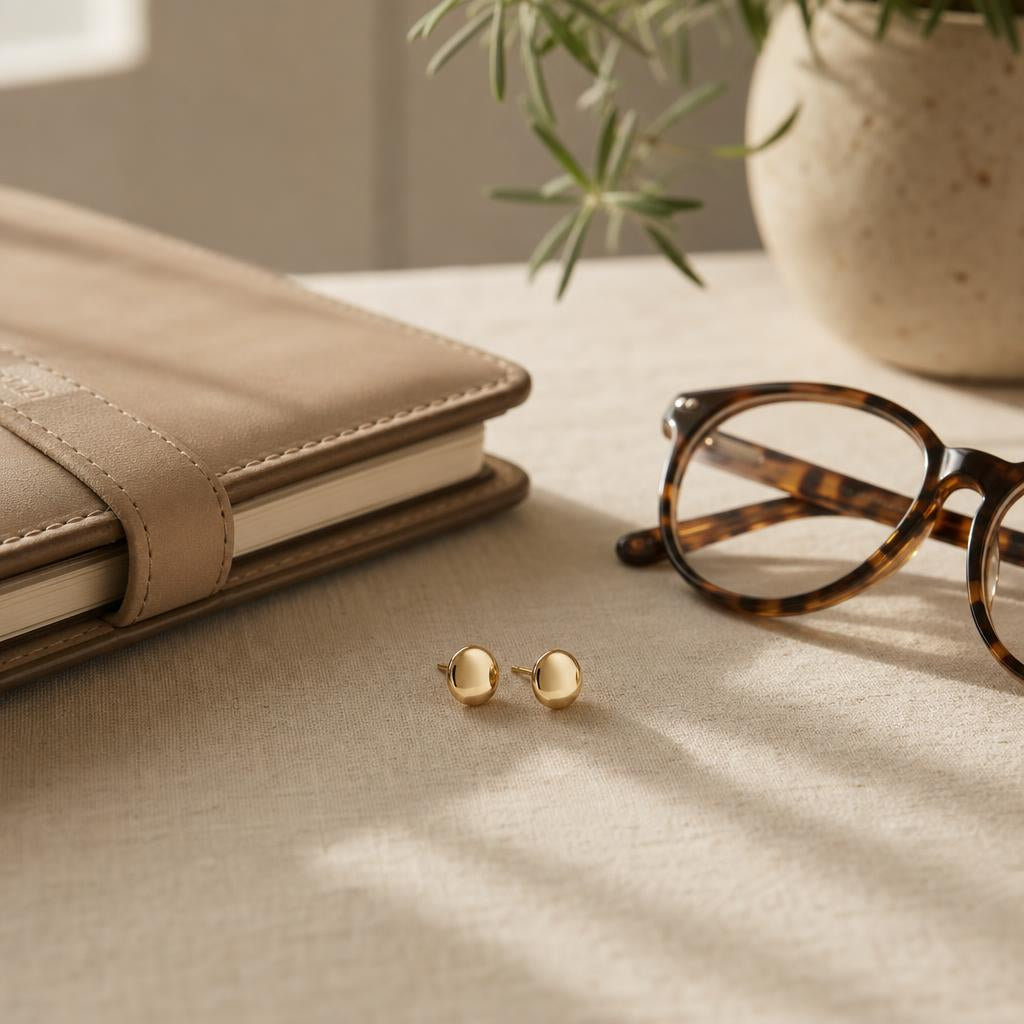Small stud earrings resting on linen beside a leather notebook and glasses
