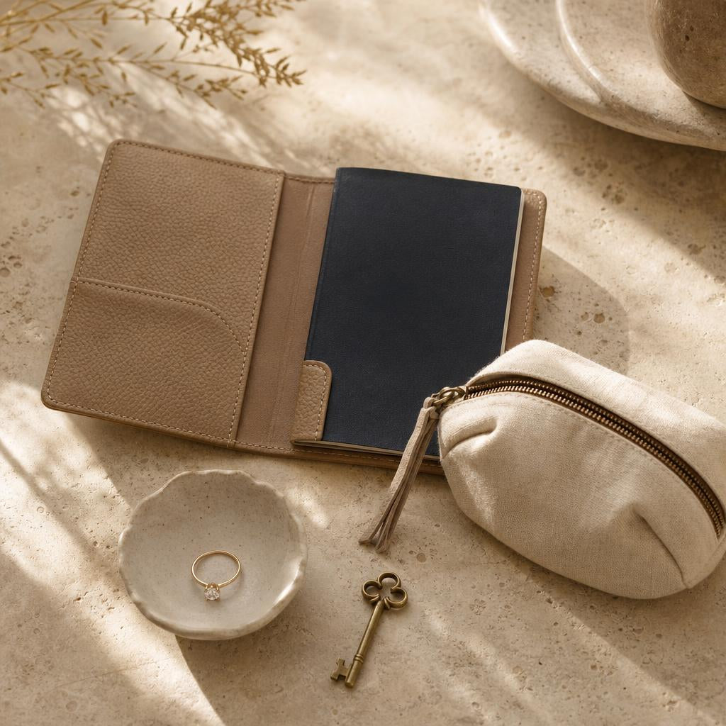 Passport holder, linen pouch and brass key beside a sparkling solitaire ring