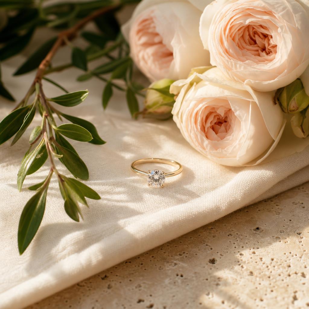 Solitaire ring on cream linen beside blush garden roses in soft light