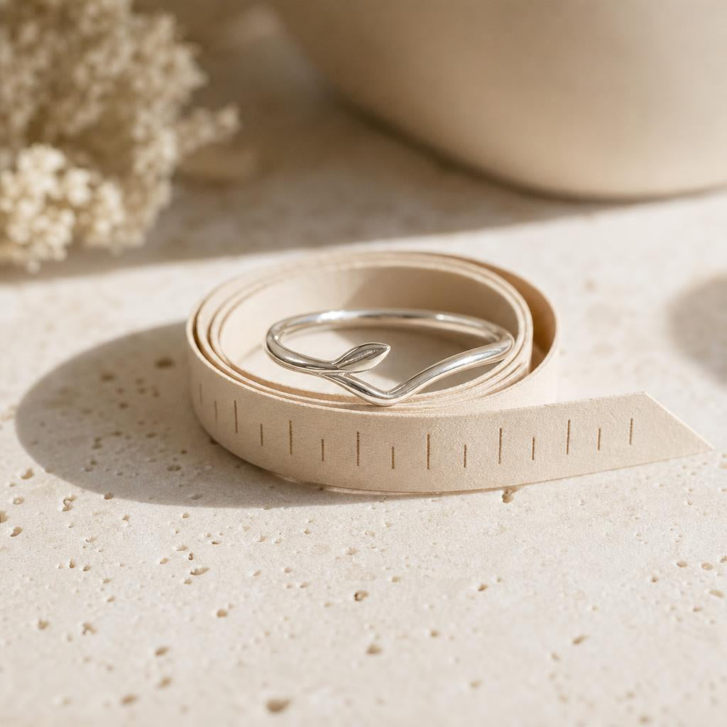 Delicate silver ring resting on a coiled paper ring-sizing strip