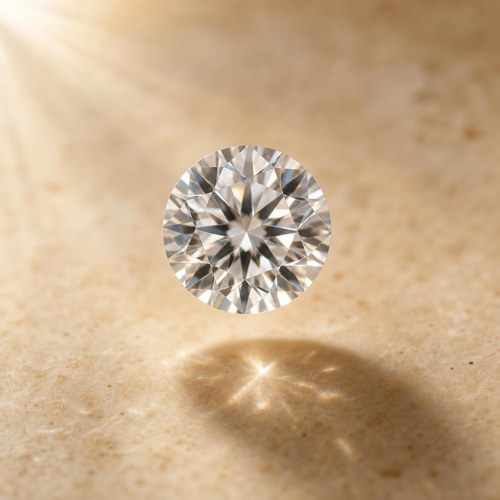 A faceted gemstone appearing to float above a warm stone surface